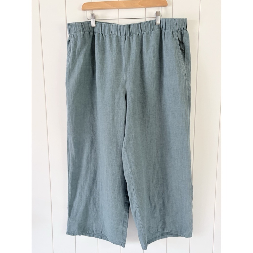 Eileen Fisher 1X Cropped Ankle Pants Organic Linen Wide Leg Pull On Muted Teal